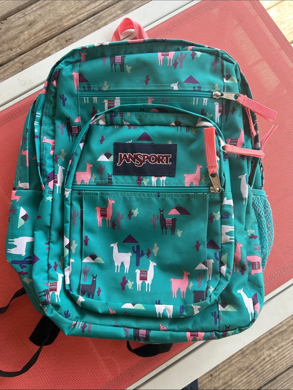 Jansport Teal Backpack with Pink & White Llama Print